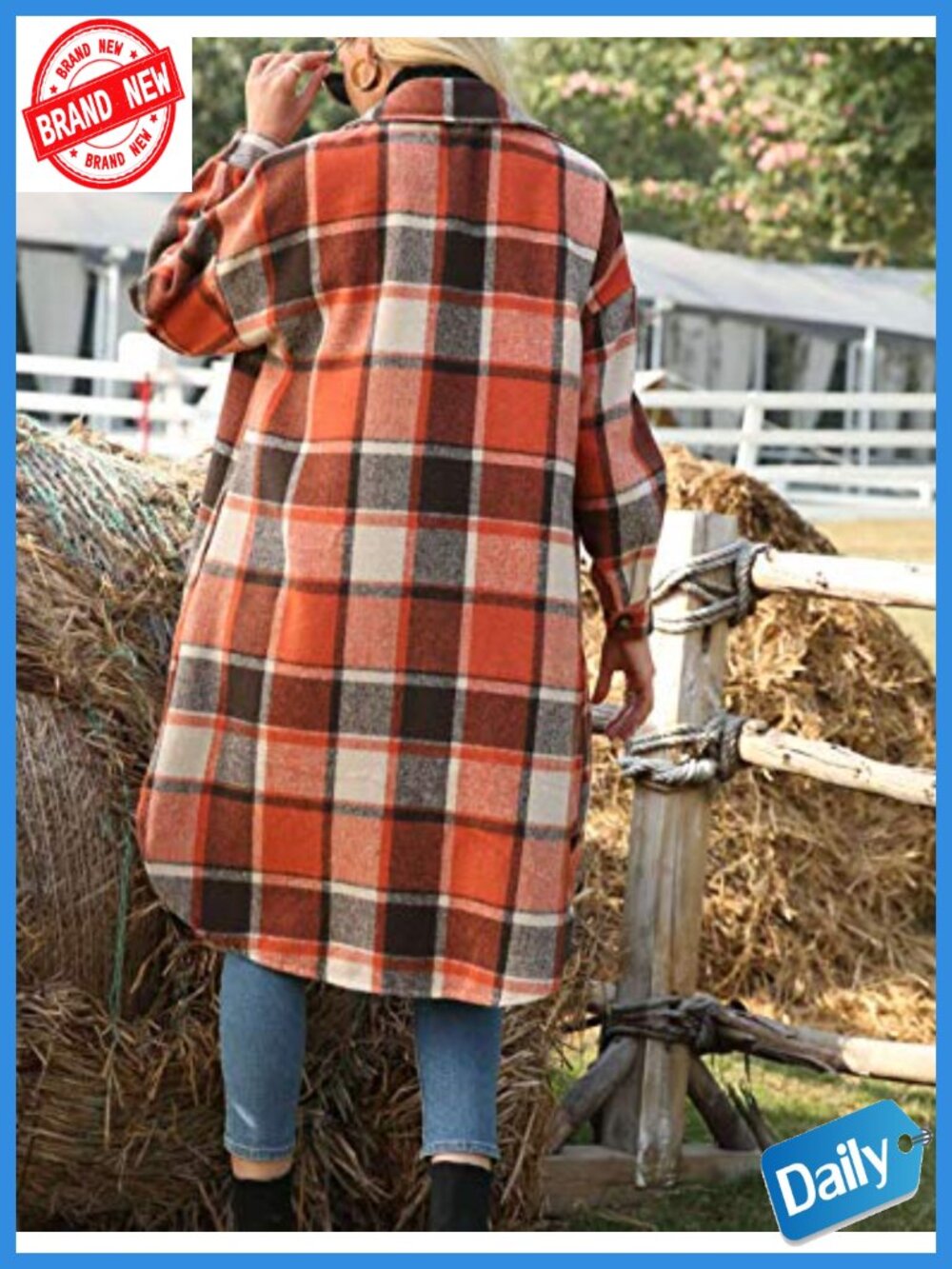 Tartan Plaid Button Up Long Shacket Coat with Pockets - Picture 3 of 6